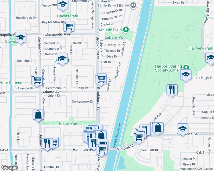 map of restaurants, bars, coffee shops, grocery stores, and more near 20921 Surge Lane in Huntington Beach