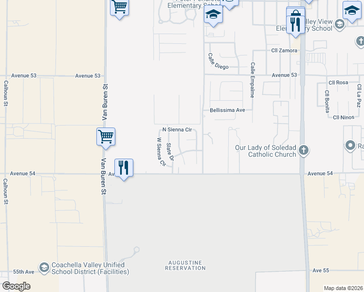 map of restaurants, bars, coffee shops, grocery stores, and more near 53823 Sapphire Lane in Coachella