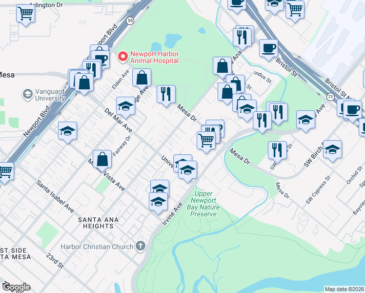 map of restaurants, bars, coffee shops, grocery stores, and more near 2617 Redlands Drive in Costa Mesa
