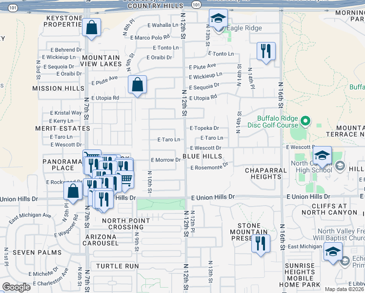 map of restaurants, bars, coffee shops, grocery stores, and more near 18843 North 11th Place in Phoenix