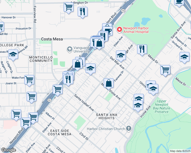 map of restaurants, bars, coffee shops, grocery stores, and more near 168 Monte Vista Avenue in Costa Mesa