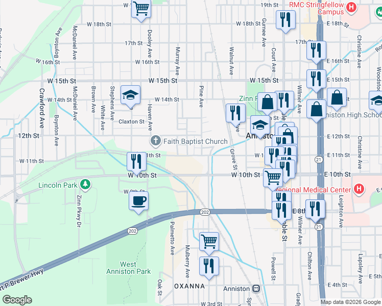map of restaurants, bars, coffee shops, grocery stores, and more near 615 West 11th Street in Anniston
