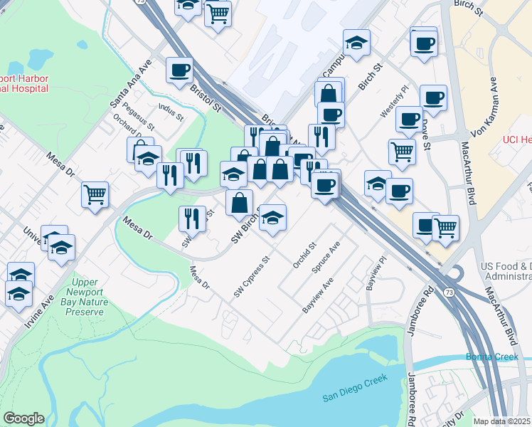 map of restaurants, bars, coffee shops, grocery stores, and more near 20162 Southwest Birch Street in Newport Beach