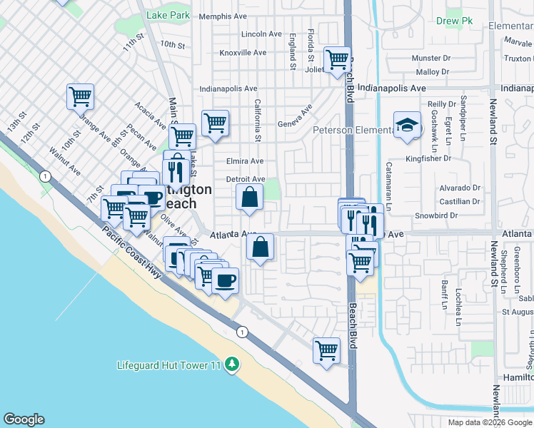 map of restaurants, bars, coffee shops, grocery stores, and more near 7671 Bay Drive in Huntington Beach