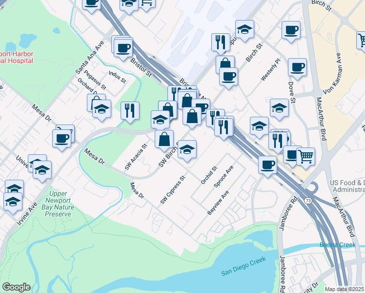 map of restaurants, bars, coffee shops, grocery stores, and more near 20162 Southwest Birch Street in Newport Beach
