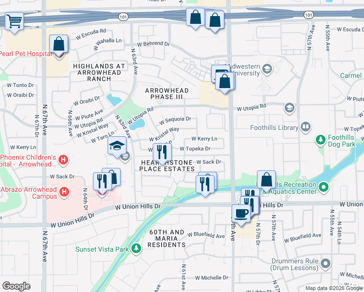 map of restaurants, bars, coffee shops, grocery stores, and more near 19204 North 61st Avenue in Glendale
