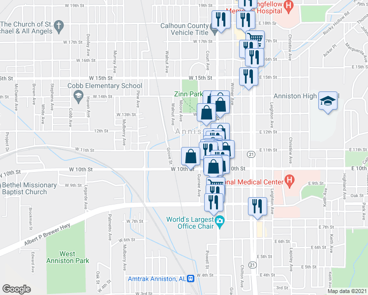 map of restaurants, bars, coffee shops, grocery stores, and more near 131 West 11th Street in Anniston