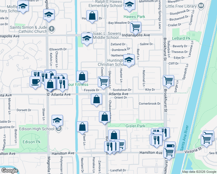 map of restaurants, bars, coffee shops, grocery stores, and more near 9541 Scotstoun Drive in Huntington Beach