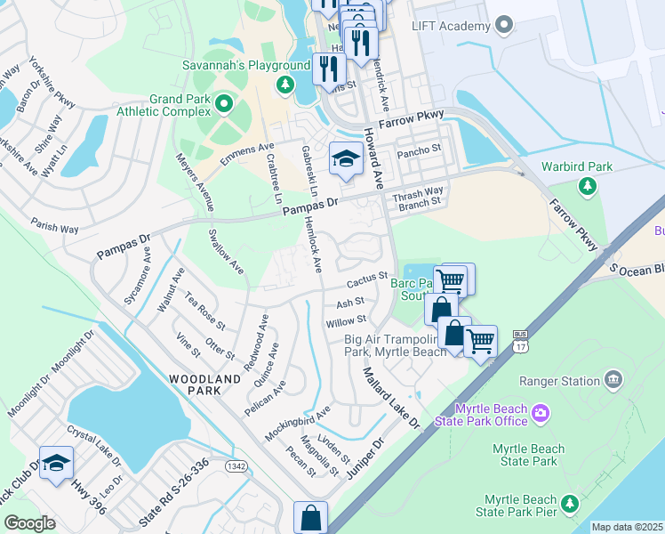 map of restaurants, bars, coffee shops, grocery stores, and more near 3569 Crepe Myrtle Court in Myrtle Beach