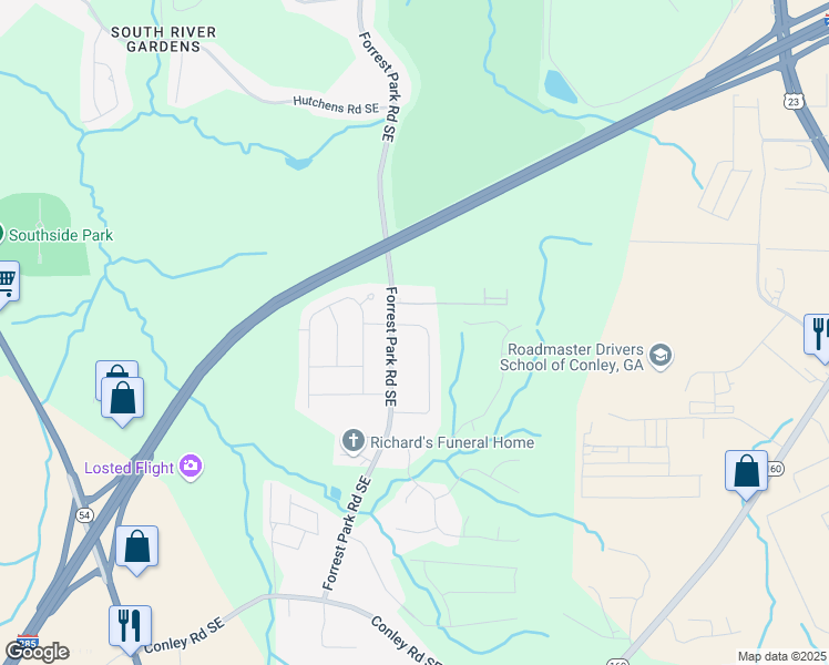 map of restaurants, bars, coffee shops, grocery stores, and more near 3489 Pine Forest Drive Southeast in Atlanta