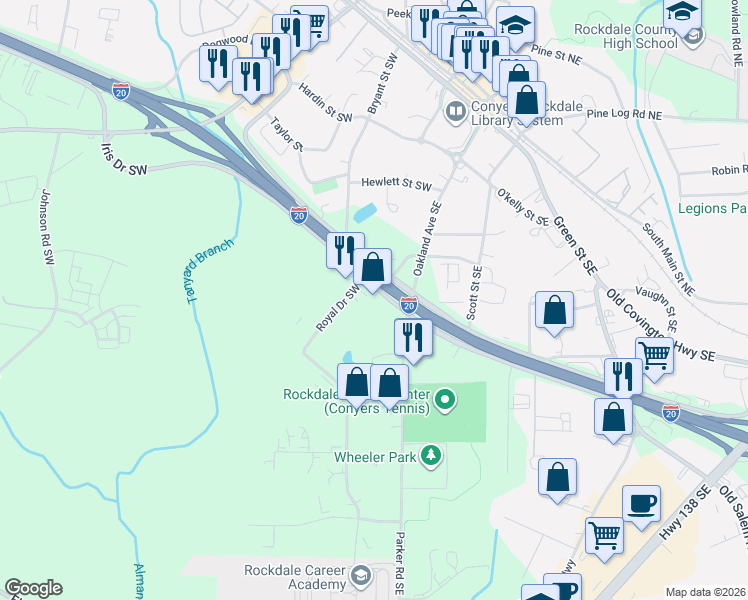 map of restaurants, bars, coffee shops, grocery stores, and more near 1014 Iris Drive Southwest in Conyers