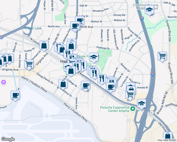 map of restaurants, bars, coffee shops, grocery stores, and more near 540 King Arnold Street in Atlanta