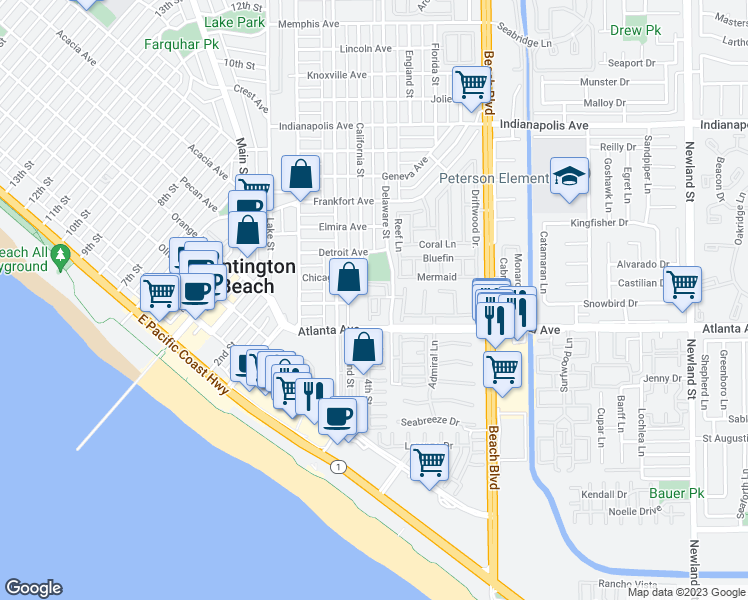 map of restaurants, bars, coffee shops, grocery stores, and more near 7965 Bay Drive in Huntington Beach