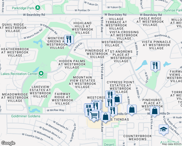 map of restaurants, bars, coffee shops, grocery stores, and more near 19231 North 92nd Avenue in Peoria