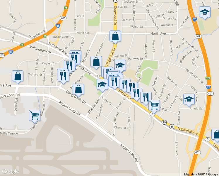 map of restaurants, bars, coffee shops, grocery stores, and more near 628 South Central Avenue in Hapeville
