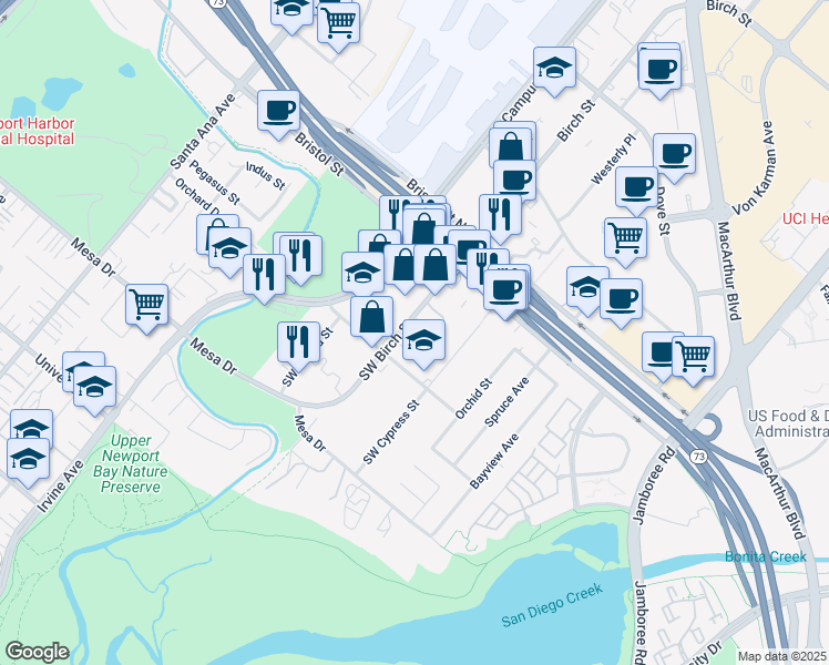map of restaurants, bars, coffee shops, grocery stores, and more near 20162 Southwest Birch Street in Newport Beach