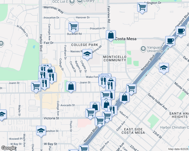 map of restaurants, bars, coffee shops, grocery stores, and more near 244 Wake Forest Road in Costa Mesa