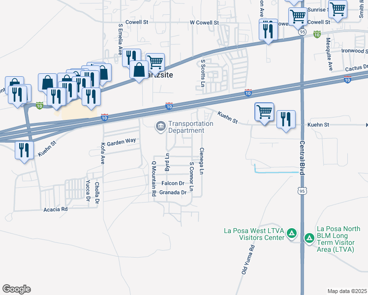 map of restaurants, bars, coffee shops, grocery stores, and more near Bonanza Drive in Quartzsite