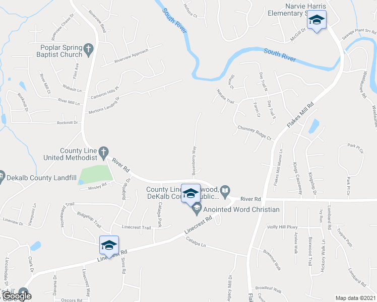 map of restaurants, bars, coffee shops, grocery stores, and more near 4139 Bosenberry Way in Ellenwood
