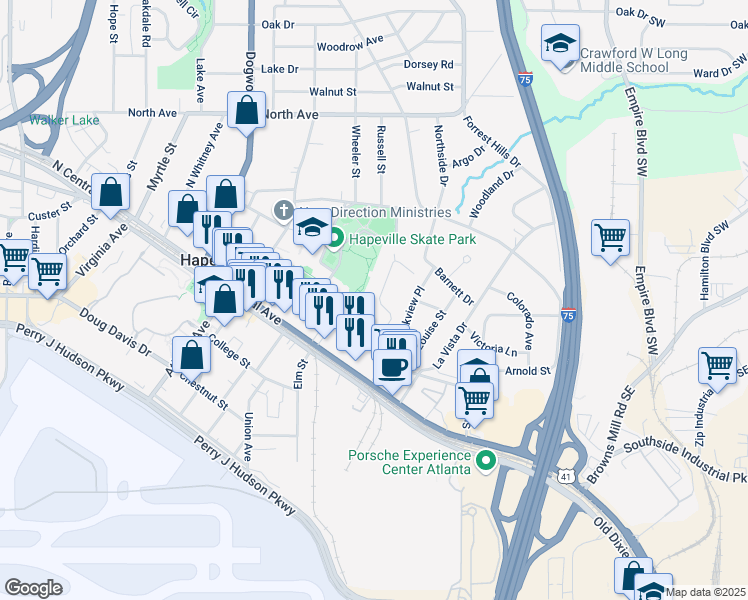 map of restaurants, bars, coffee shops, grocery stores, and more near 35 Central Park Drive in Hapeville