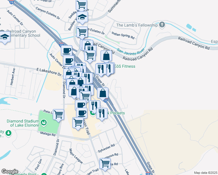 map of restaurants, bars, coffee shops, grocery stores, and more near 15325 Oak Tree Drive in Lake Elsinore