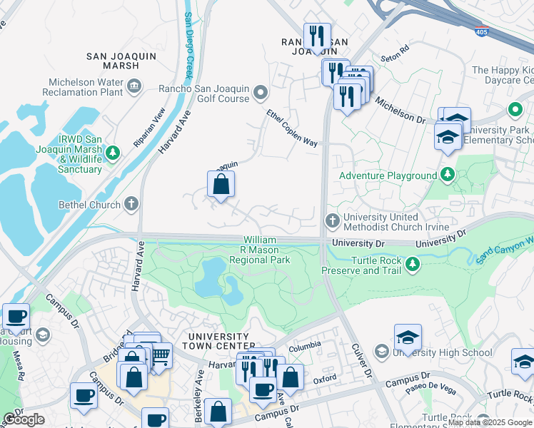 map of restaurants, bars, coffee shops, grocery stores, and more near 21 Madrona in Irvine