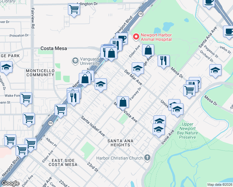 map of restaurants, bars, coffee shops, grocery stores, and more near 200 Calabria Court in Costa Mesa