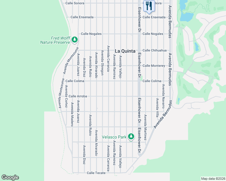 map of restaurants, bars, coffee shops, grocery stores, and more near 53655 Avenue Ramirez in La Quinta