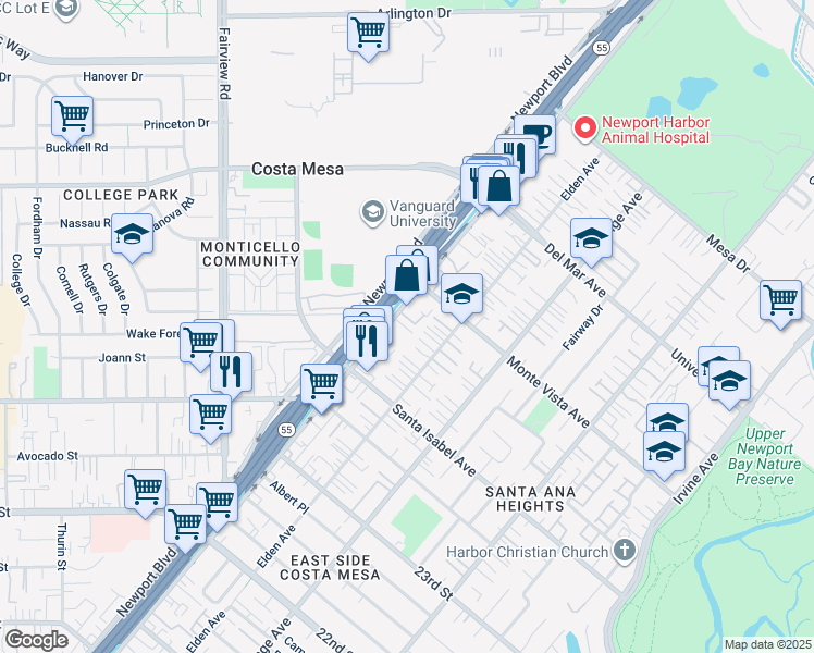 map of restaurants, bars, coffee shops, grocery stores, and more near 2458 Costa Mesa Fwy in Costa Mesa