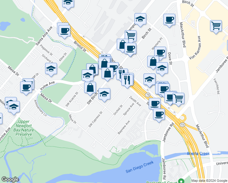 map of restaurants, bars, coffee shops, grocery stores, and more near 20101 Southwest Cypress Street in Newport Beach