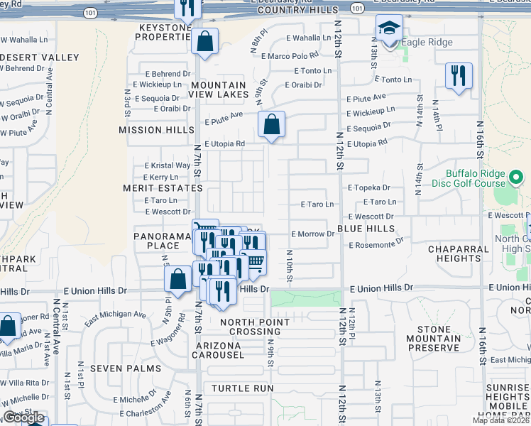 map of restaurants, bars, coffee shops, grocery stores, and more near 19401 North 7th Street in Phoenix