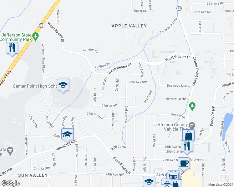 map of restaurants, bars, coffee shops, grocery stores, and more near 2801 3rd Street Northwest in Center Point