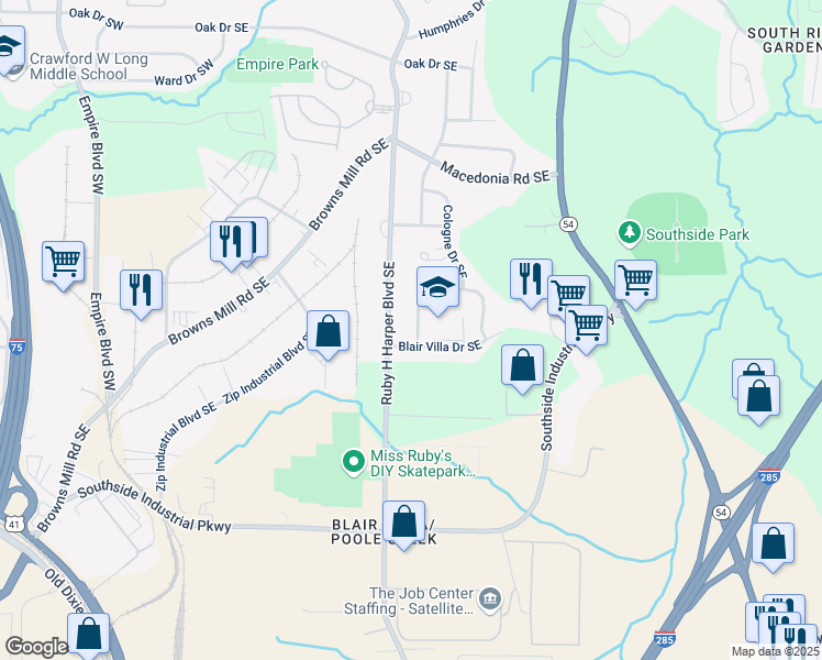 map of restaurants, bars, coffee shops, grocery stores, and more near 3499 Villa Circle Southeast in Atlanta