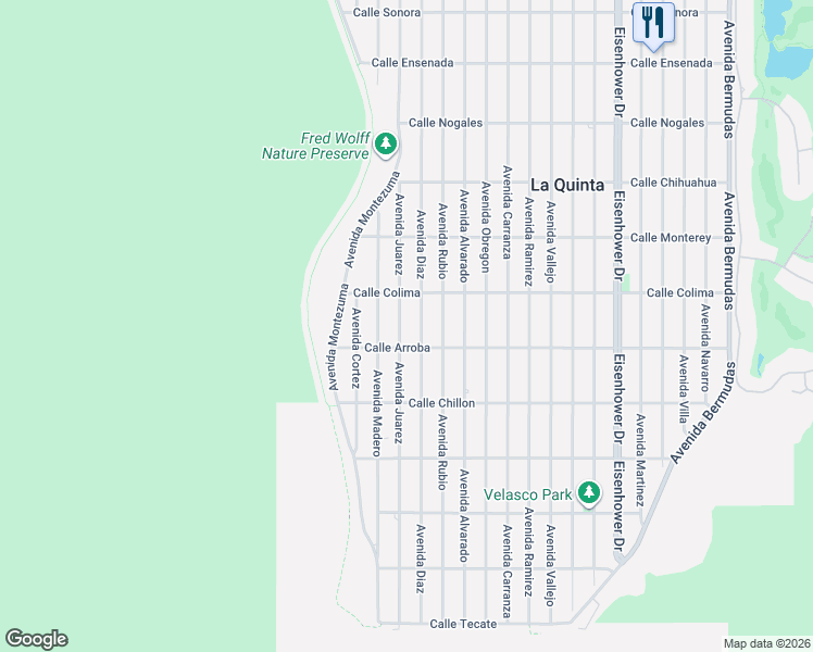 map of restaurants, bars, coffee shops, grocery stores, and more near 53705 Avenida Diaz in La Quinta