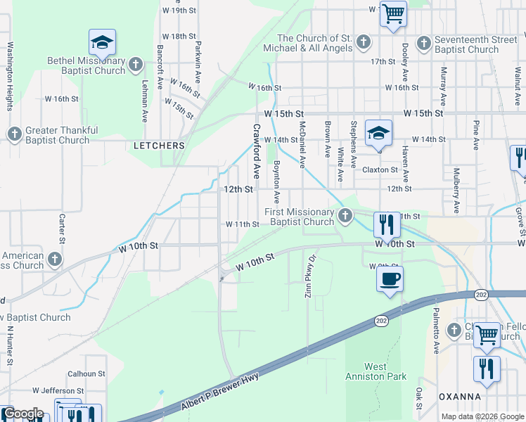 map of restaurants, bars, coffee shops, grocery stores, and more near 1107 Crawford Avenue in Anniston