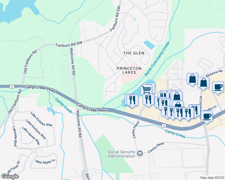 map of restaurants, bars, coffee shops, grocery stores, and more near 4004 Princeton Lakes Pass SouthWest in Atlanta
