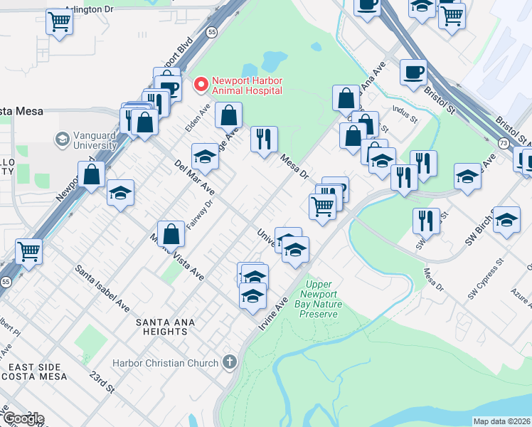 map of restaurants, bars, coffee shops, grocery stores, and more near 302 Canoe Pond in Costa Mesa