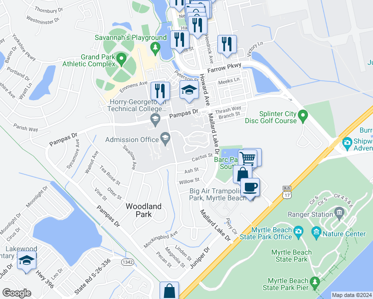 map of restaurants, bars, coffee shops, grocery stores, and more near 3562 Crepe Myrtle Court in Myrtle Beach