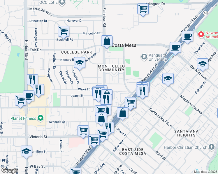 map of restaurants, bars, coffee shops, grocery stores, and more near 2300 Fairview Road in Costa Mesa