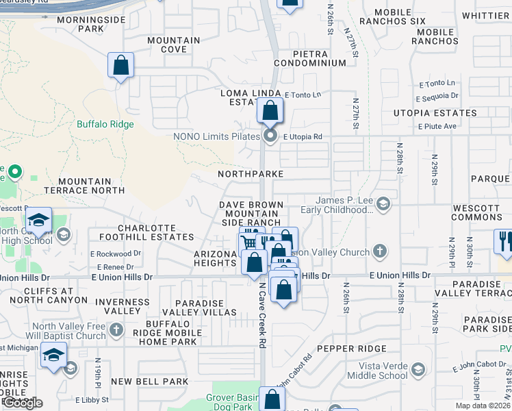 map of restaurants, bars, coffee shops, grocery stores, and more near 2302 East Siesta Lane in Phoenix