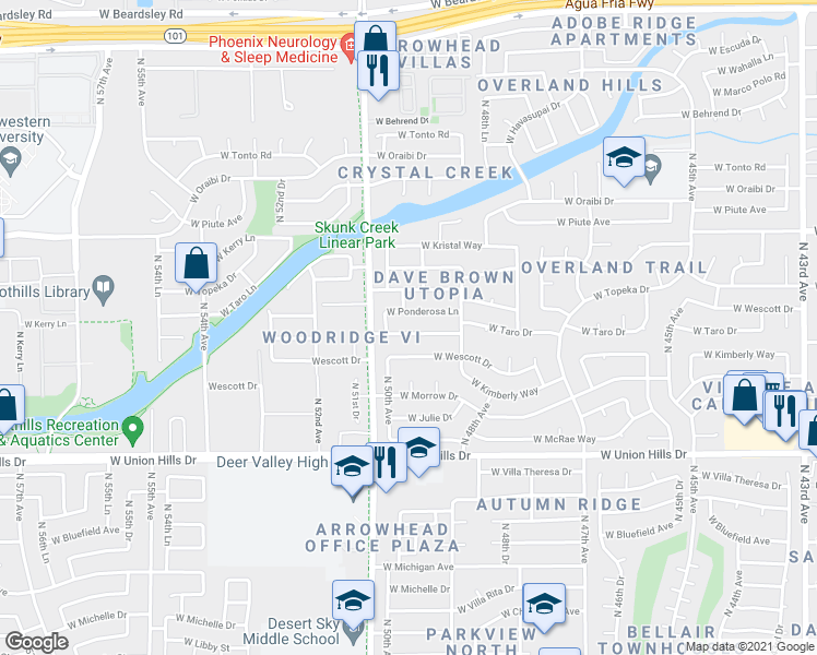 map of restaurants, bars, coffee shops, grocery stores, and more near 5011 West Ponderosa Lane in Glendale