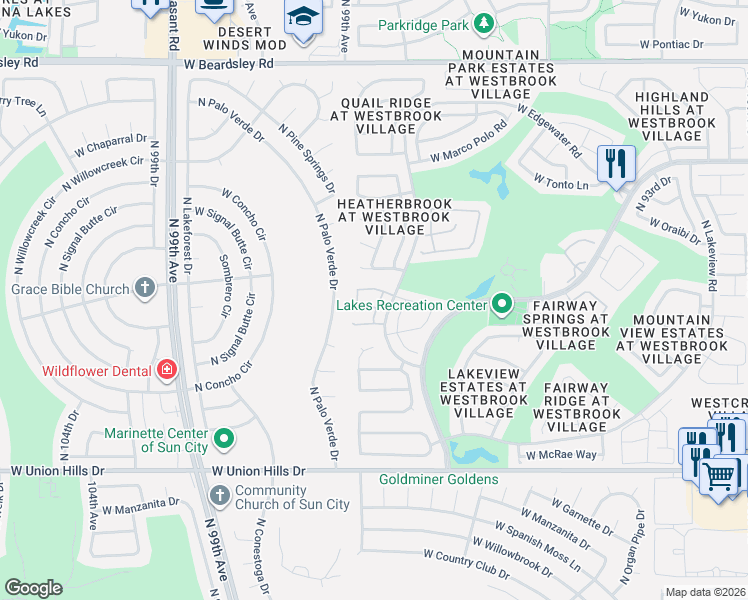 map of restaurants, bars, coffee shops, grocery stores, and more near 19110 North 98th Lane in Peoria