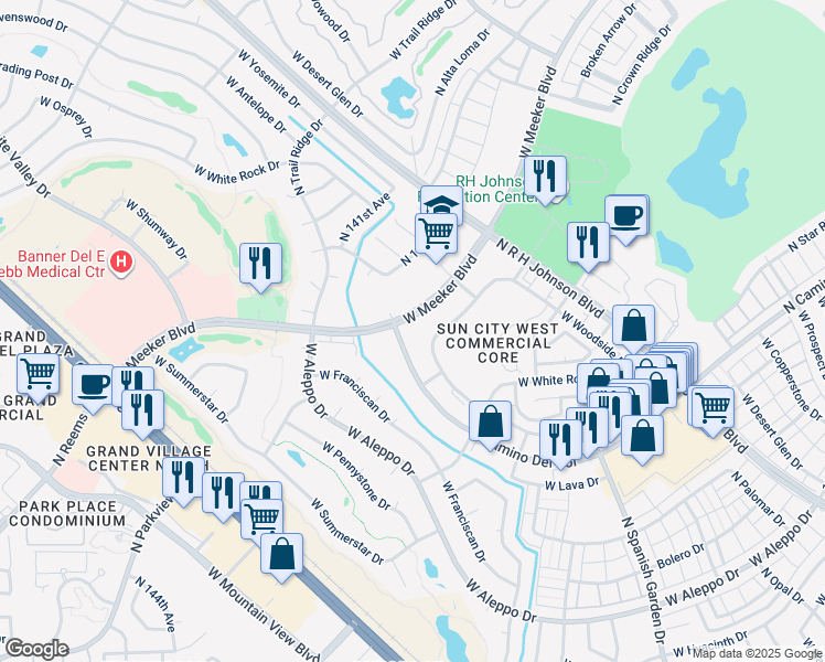 map of restaurants, bars, coffee shops, grocery stores, and more near 13951 West Meeker Boulevard in Sun City West
