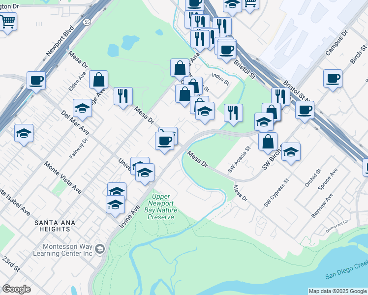 map of restaurants, bars, coffee shops, grocery stores, and more near 2651 Irvine Avenue in Costa Mesa