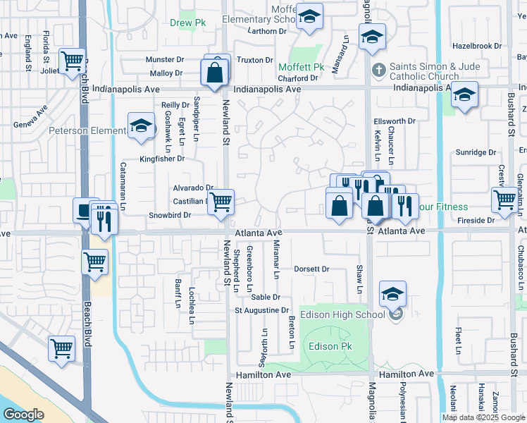 map of restaurants, bars, coffee shops, grocery stores, and more near 8566 Van Ness Court in Huntington Beach