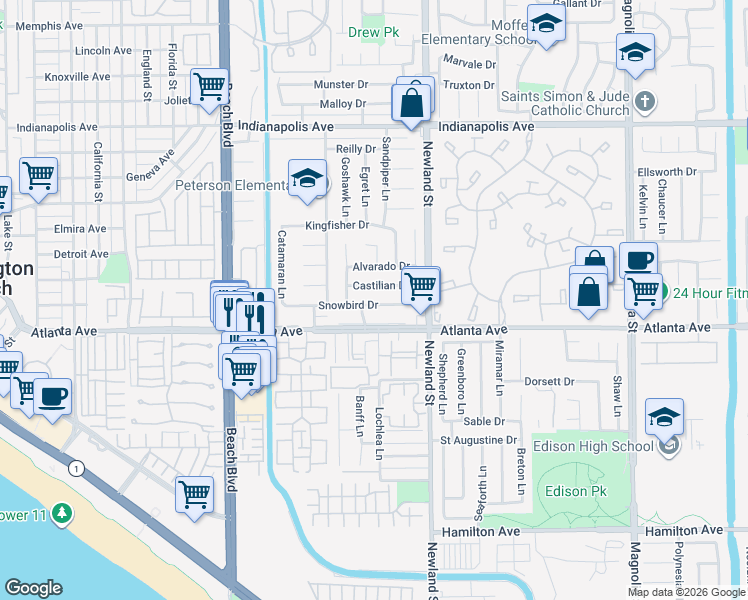 map of restaurants, bars, coffee shops, grocery stores, and more near 8332 Snowbird Drive in Huntington Beach