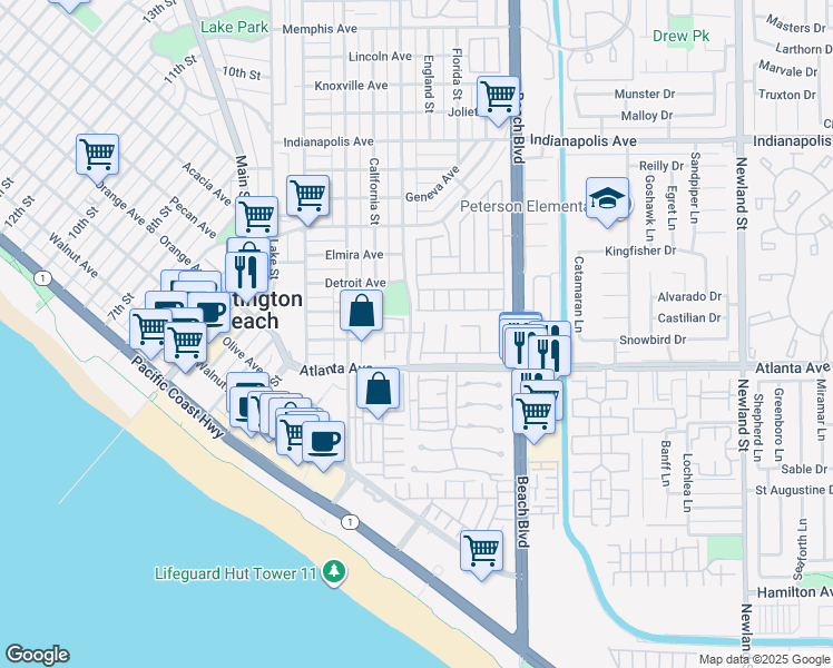map of restaurants, bars, coffee shops, grocery stores, and more near 7648 Bay Drive in Huntington Beach