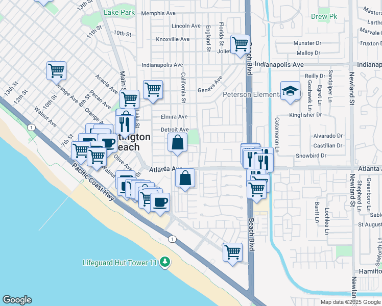 map of restaurants, bars, coffee shops, grocery stores, and more near 7648 Bay Drive in Huntington Beach