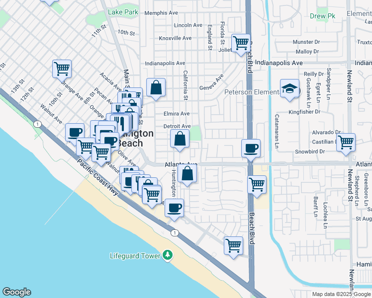 map of restaurants, bars, coffee shops, grocery stores, and more near 120 Huntington Street in Huntington Beach