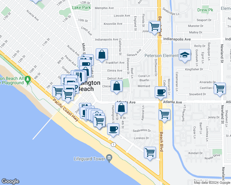 map of restaurants, bars, coffee shops, grocery stores, and more near 120 Huntington Street in Huntington Beach